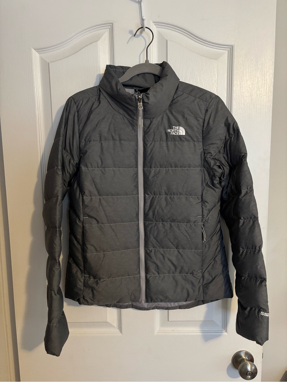 The North Face Puffer Jacket Women Small S Gray Down Long Sleeve Full Zip PHC7O